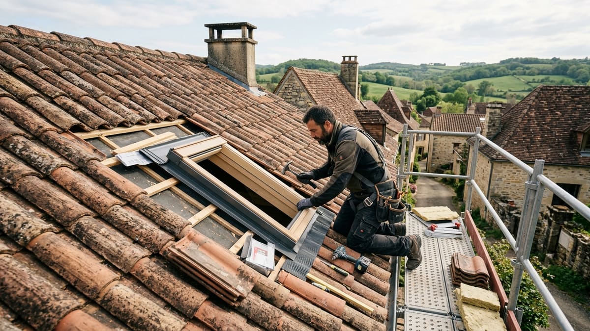 Prix installateur Velux, toit tuile, étapes installation, ouvrier sur chantier