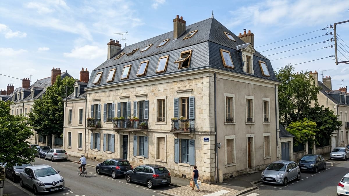 Façade d'immeuble en copropriété avec des fenêtres de toit Velux installées, respectant l'architecture locale.