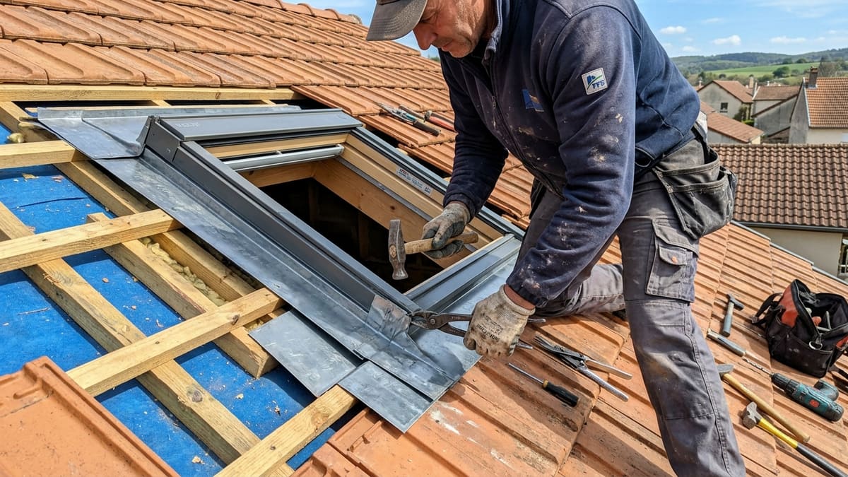 Travaux de remplacement d'un Velux : artisan couvreur-zingueur installant une nouvelle fenêtre de toit