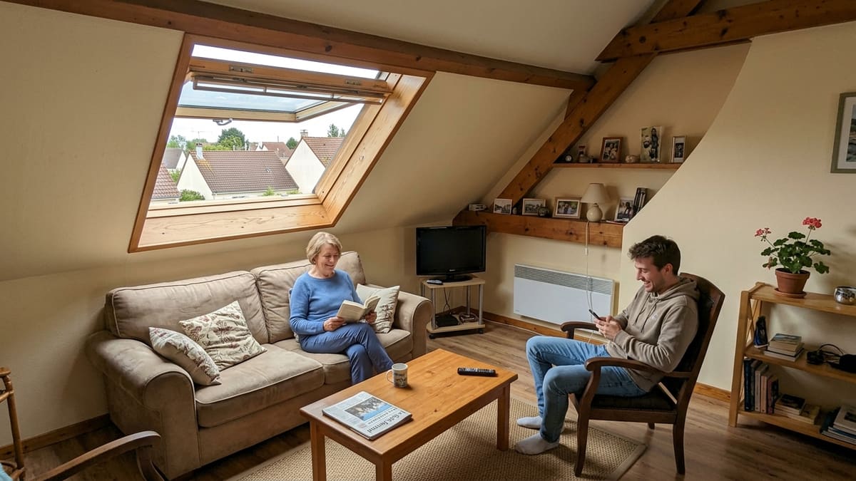 Intérieur chaleureux avec fenêtre de toit Velux GGL en bois naturel, meubles classiques