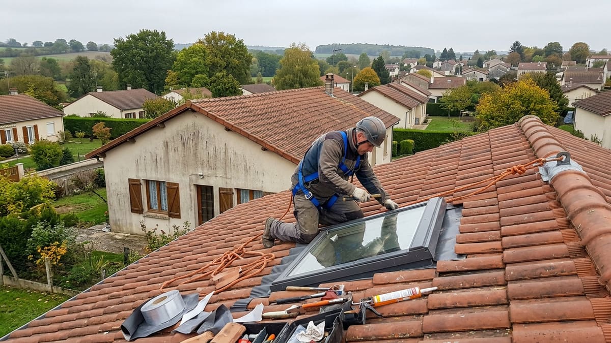 Couvreur réparant une fenêtre de toit Velux sur une maison en France